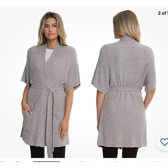 Barefoot dreams cozychic lite belted short sleeve robe s/m dark grey BDWCL1848 - Picture 1 of 8